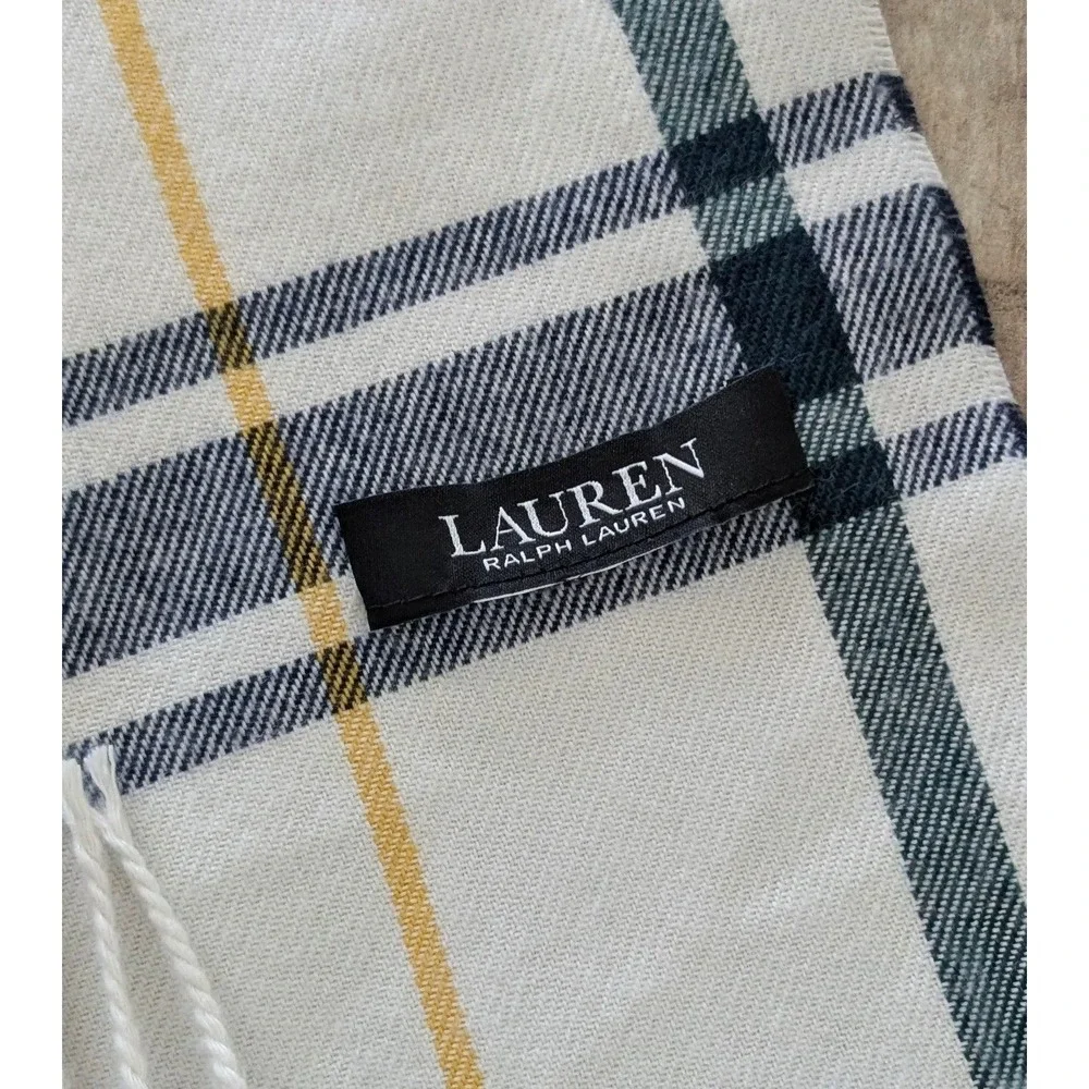 Ralph Lauren Plaid Scarf Cream Navy Green Red Yellow Fringe 72